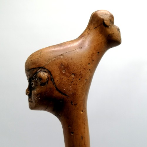 175 - Folk art walking stick with carved detail of 2 faces - 80cm ~ signs of old worm