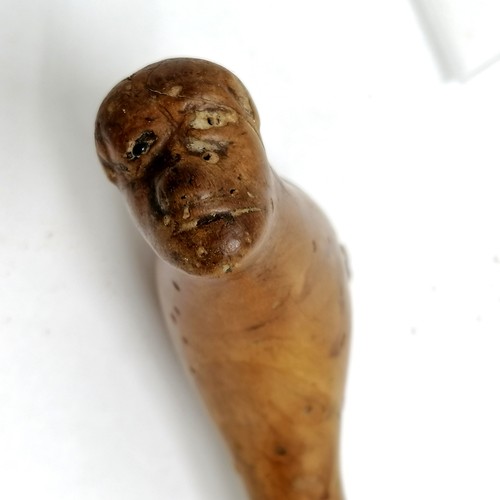 175 - Folk art walking stick with carved detail of 2 faces - 80cm ~ signs of old worm