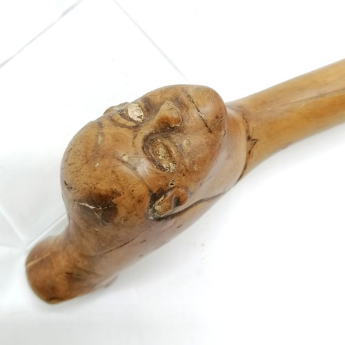 175 - Folk art walking stick with carved detail of 2 faces - 80cm ~ signs of old worm