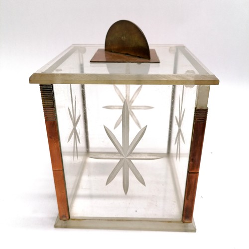 176 - Antique perspex box with copper mounts (14cm high x 13cm square) containing 2 antique eggcups with b... 