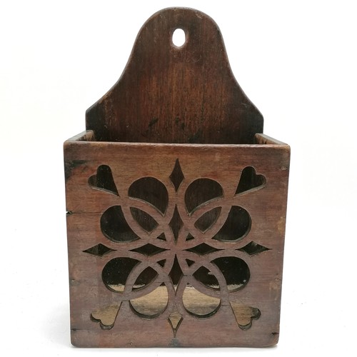 182 - Antique mahogany wall candle box with fret carved folk art detail - 31.5cm high x 19cm x 10cm deep a... 