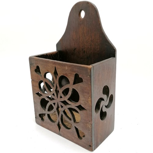 182 - Antique mahogany wall candle box with fret carved folk art detail - 31.5cm high x 19cm x 10cm deep a... 