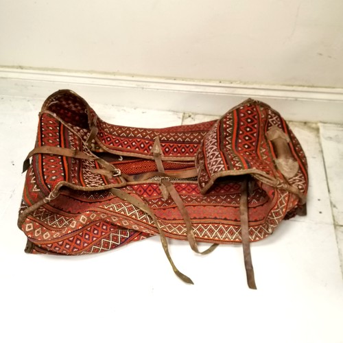 188 - Antique Turkish hand woven carpet bag with leather strap handles & edging - approx 105cm long ~ has ... 