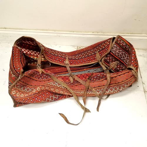 188 - Antique Turkish hand woven carpet bag with leather strap handles & edging - approx 105cm long ~ has ... 