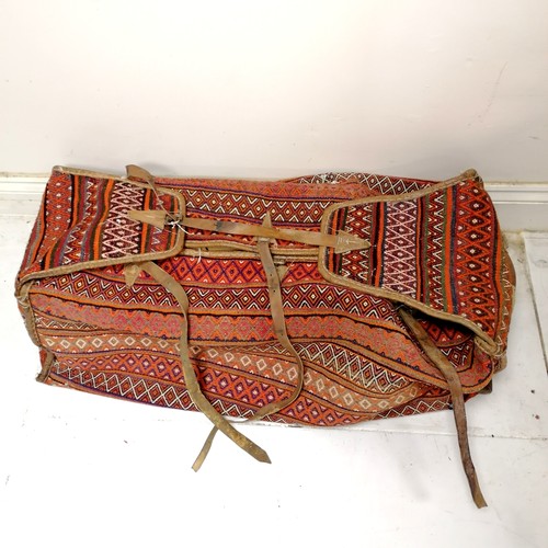 188 - Antique Turkish hand woven carpet bag with leather strap handles & edging - approx 105cm long ~ has ... 