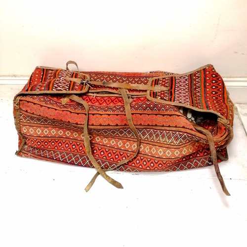 188 - Antique Turkish hand woven carpet bag with leather strap handles & edging - approx 105cm long ~ has ... 