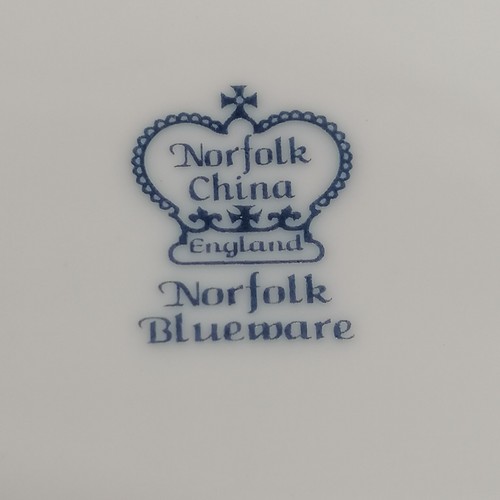 193 - Norfolk China 'Norfolk Blueware' 2 cups and saucers plate and serving plate 35cm across depicting bi... 