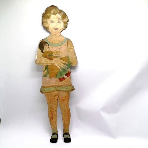 196 - Vintage hand painted cut out of  'Dorothy' holding a doll 87cm x 27cm - has signs of old worm in one... 