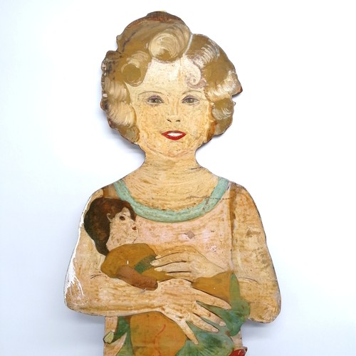 196 - Vintage hand painted cut out of  'Dorothy' holding a doll 87cm x 27cm - has signs of old worm in one... 