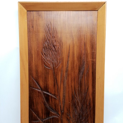 200 - Mid Century Dale Clark 74 framed wooden panel with carved detail of 'Corn' 77cm x 28cm