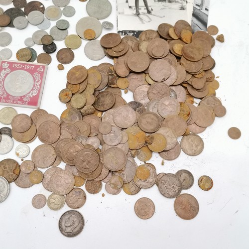 209 - Qty of coins inc silver, GB £5, Russian etc t/w some postcards