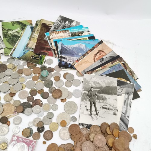 209 - Qty of coins inc silver, GB £5, Russian etc t/w some postcards