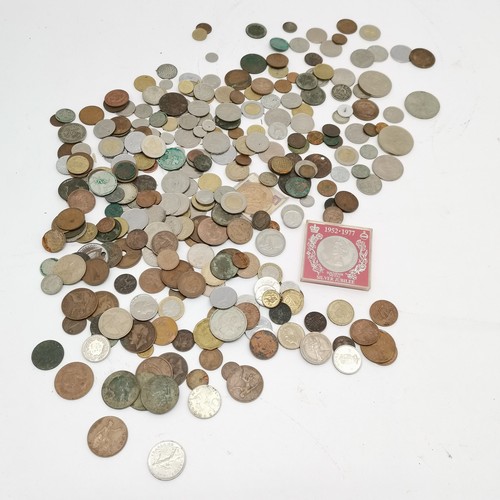 209 - Qty of coins inc silver, GB £5, Russian etc t/w some postcards