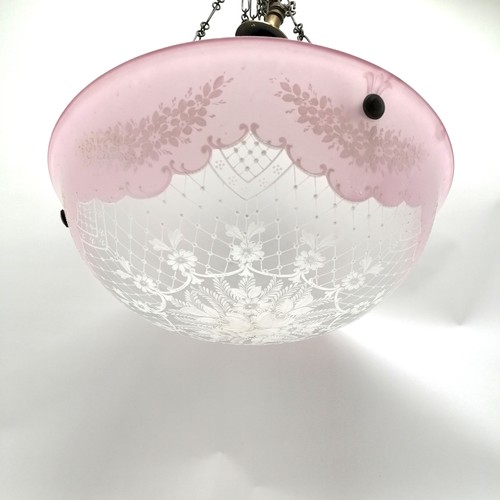 216 - Antique pink & white lace glass plafonnier lightshade with original brass fitments & chains - 39.5cm... 