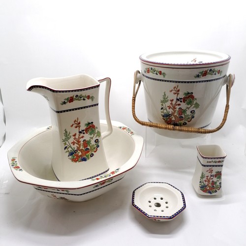 217 - New Hall (Hanley) antique jug & basin t/w pail, toothbrush holder, soap dish ~ all a/f