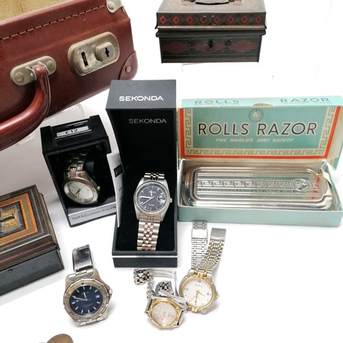 222 - Python suitcase with oddments inc coins, watches (inc Sekonda), boxed razor, cash tins etc