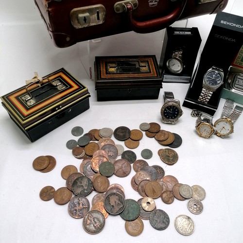 222 - Python suitcase with oddments inc coins, watches (inc Sekonda), boxed razor, cash tins etc