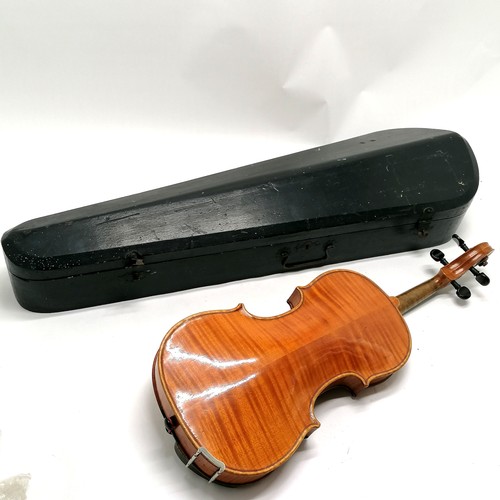 232 - Antique violin in original wooden carry case with bow (with mother of pearl inlay to ebony handle) -... 