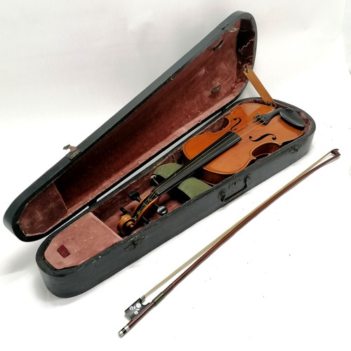 232 - Antique violin in original wooden carry case with bow (with mother of pearl inlay to ebony handle) -... 