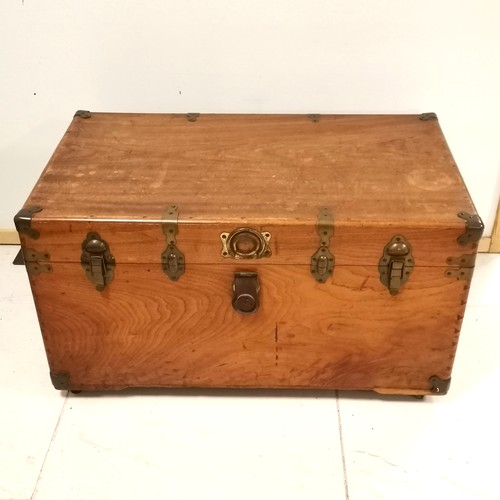 237 - Antique camphor wood chest with brass fittings on 4 casters with carry handles & 2 original keys - 8... 