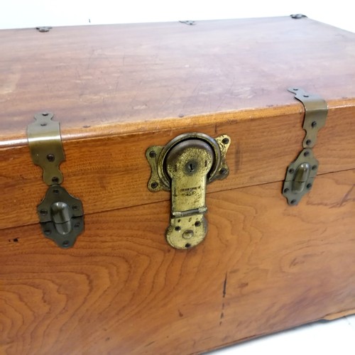 237 - Antique camphor wood chest with brass fittings on 4 casters with carry handles & 2 original keys - 8... 