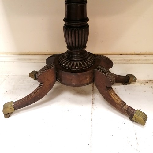 246 - Antique mahogany fold over card table with pedestal base terminating on 4 sabre legs with the origin... 