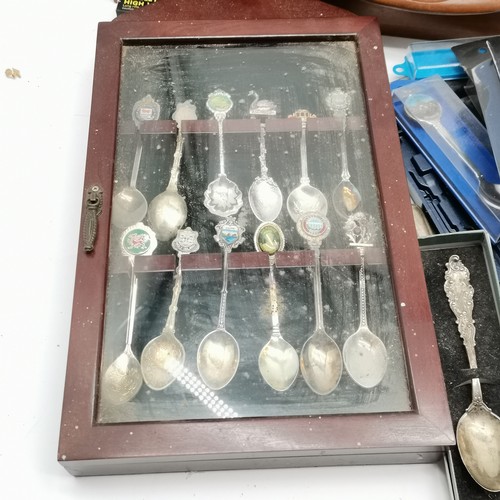 252 - Quantity of collectors spoons mostly boxed T/W wooden racks largest 70cm high x 41cm x 13cm deep