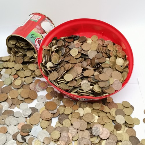 253 - Celebrations tub of mostly GB coins inc 3d's t/w chest & tin of 3d's ~ approx total weight 14.25kg