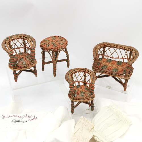 255 - 4 piece vintage dolls wicker conservatory suite (2 seater 15cm across x 13cm high) t/w nursing garme... 