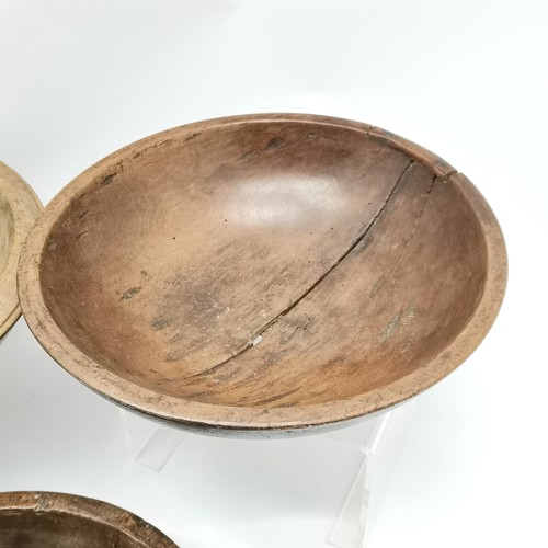 263 - 3 x antique hand turned wooden bowls - largest 43cm diameter and all slight a/f inc old worm & repai... 