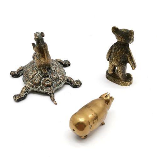 273 - Brass Rupert bear (6cm), brass novelty pig & bronze cast hare / tortoise desk weight