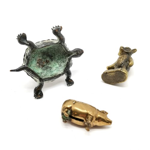 273 - Brass Rupert bear (6cm), brass novelty pig & bronze cast hare / tortoise desk weight