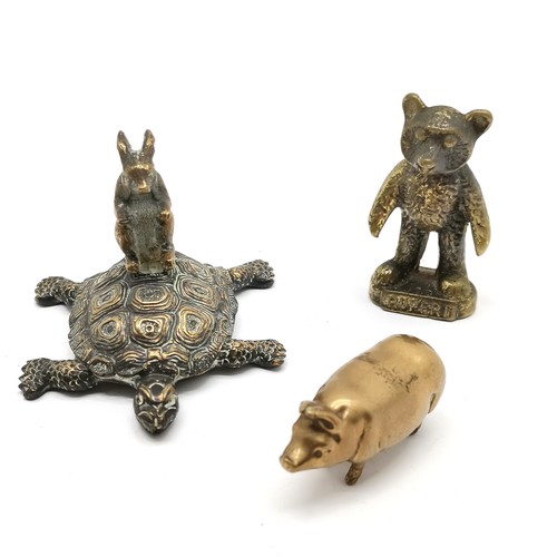 273 - Brass Rupert bear (6cm), brass novelty pig & bronze cast hare / tortoise desk weight