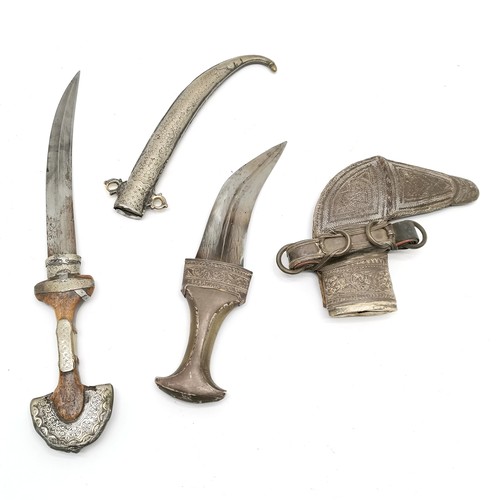 288 - 2 x antique jambiya daggers in original sheaths - shortest with unmarked silver mounts & horn handle... 