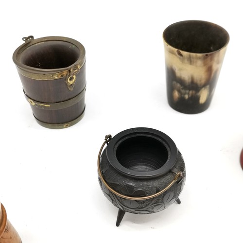 291 - Antique bog oak cauldron, horn beaker, miniature brass banded bucket (5cm) etc