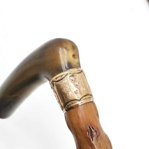 551 - Antique horn handled walking stick - 86cm t/w antique wooden T-square with ebony detail