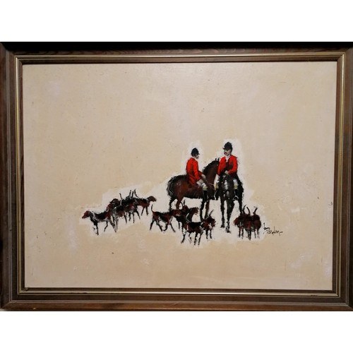 309 - Brandon Cross signed oil painting on canvas of hunting horses and hounds - frame 64cm x 85.5cm