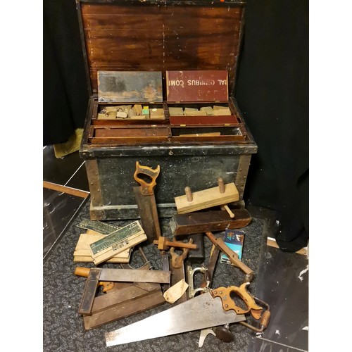 310 - Antique pine carpenters chest (with key) with mahogany fitted lift out trays with various antique & ... 