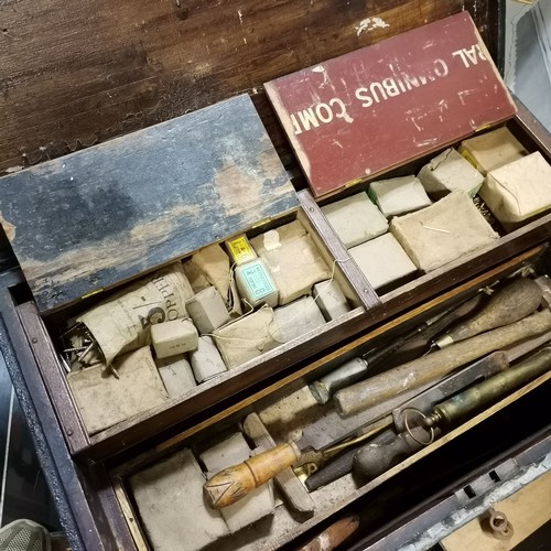 310 - Antique pine carpenters chest (with key) with mahogany fitted lift out trays with various antique & ... 