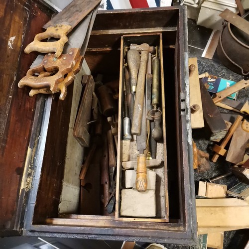 310 - Antique pine carpenters chest (with key) with mahogany fitted lift out trays with various antique & ... 