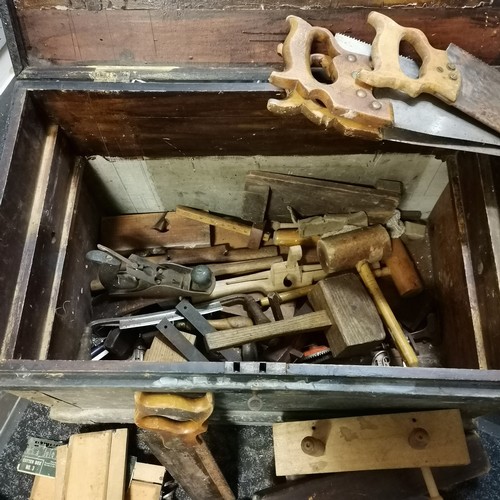 310 - Antique pine carpenters chest (with key) with mahogany fitted lift out trays with various antique & ... 