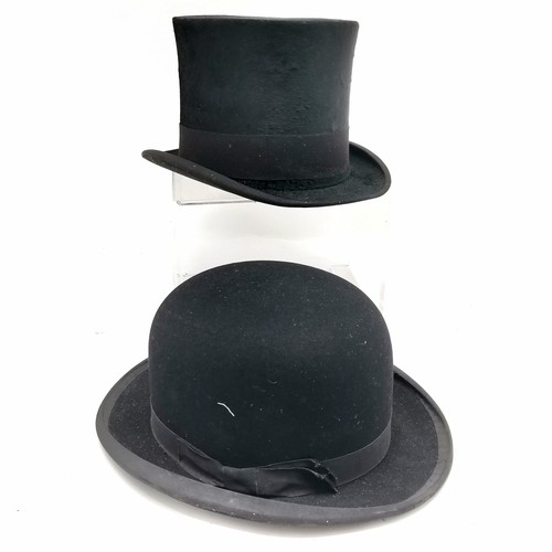 323 - Antique Bates bowler hat (internal 20cm x 16.5cm) t/w Scott & Co top hat (internal 20cm x 16cm) ~ bo... 