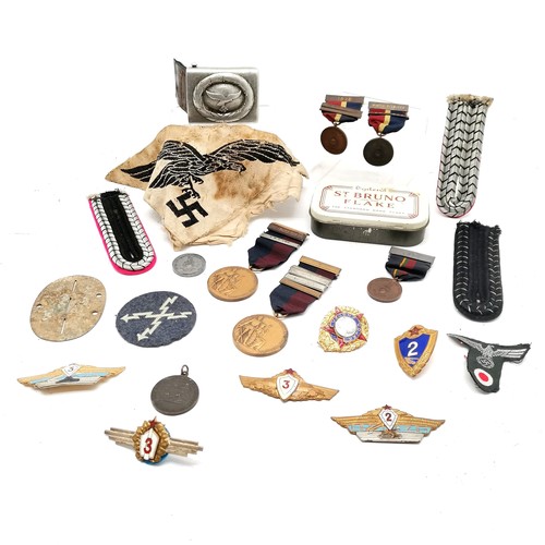 329 - Qty of militaria inc WWII, Nazi cloth badge (22cm across), Nazi aluminium buckle, Royal Marine shoot... 