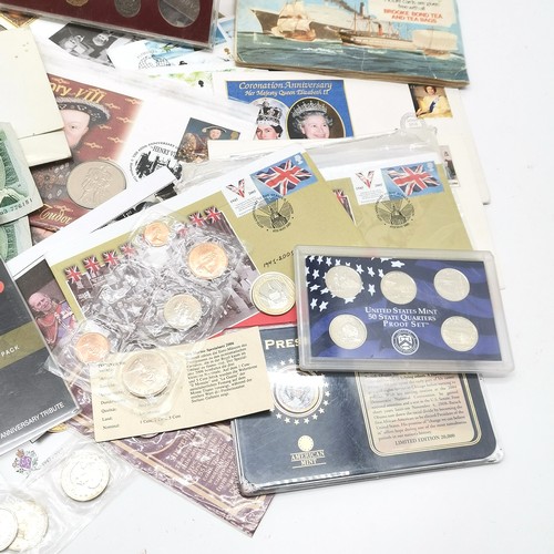 358 - Box with qty of coin covers, silver Apollo Soyuz medallion, Barack Obama $1, odd coins etc