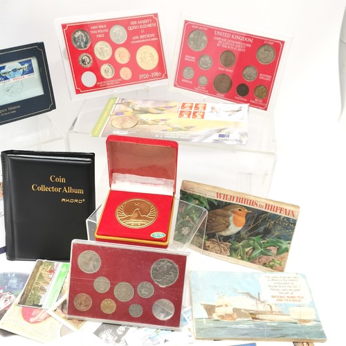 358 - Box with qty of coin covers, silver Apollo Soyuz medallion, Barack Obama $1, odd coins etc