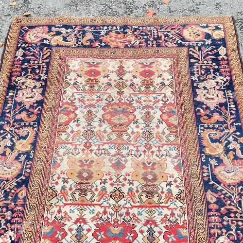 370 - Antique hand woven Persian rug with blue ground border & geometric pattern - 212cm x 142cm ~ slight ... 