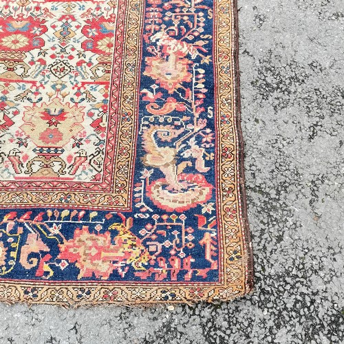 370 - Antique hand woven Persian rug with blue ground border & geometric pattern - 212cm x 142cm ~ slight ... 