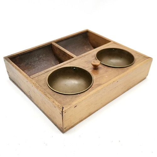 374 - Antique wooden till with 2 brass pans & steel dish detail - 24cm x 21cm x 5.5cm