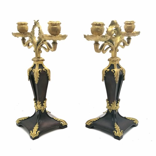 380 - Continental pair of ormolu & carved mahogany candelabrum - 33cm high x 25cm across ~ 1 slightly aske... 