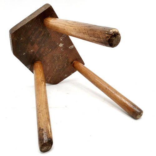 384 - Antique wooden 3 legged milking stool - 34cm high & seat is 28cm x 18.5cm ~ signs of old worm